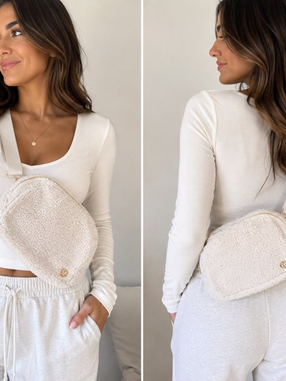 Lululemon Cream Teddy Sherpa Belt Bag Fleece Crossbody Sling Bag Gold Zip